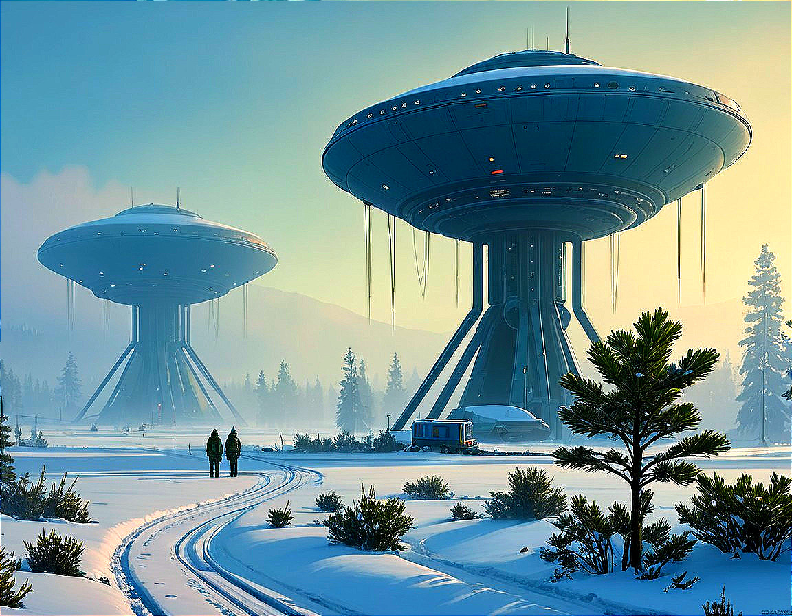 Futuristic Flying Saucers in a Snowy Landscape