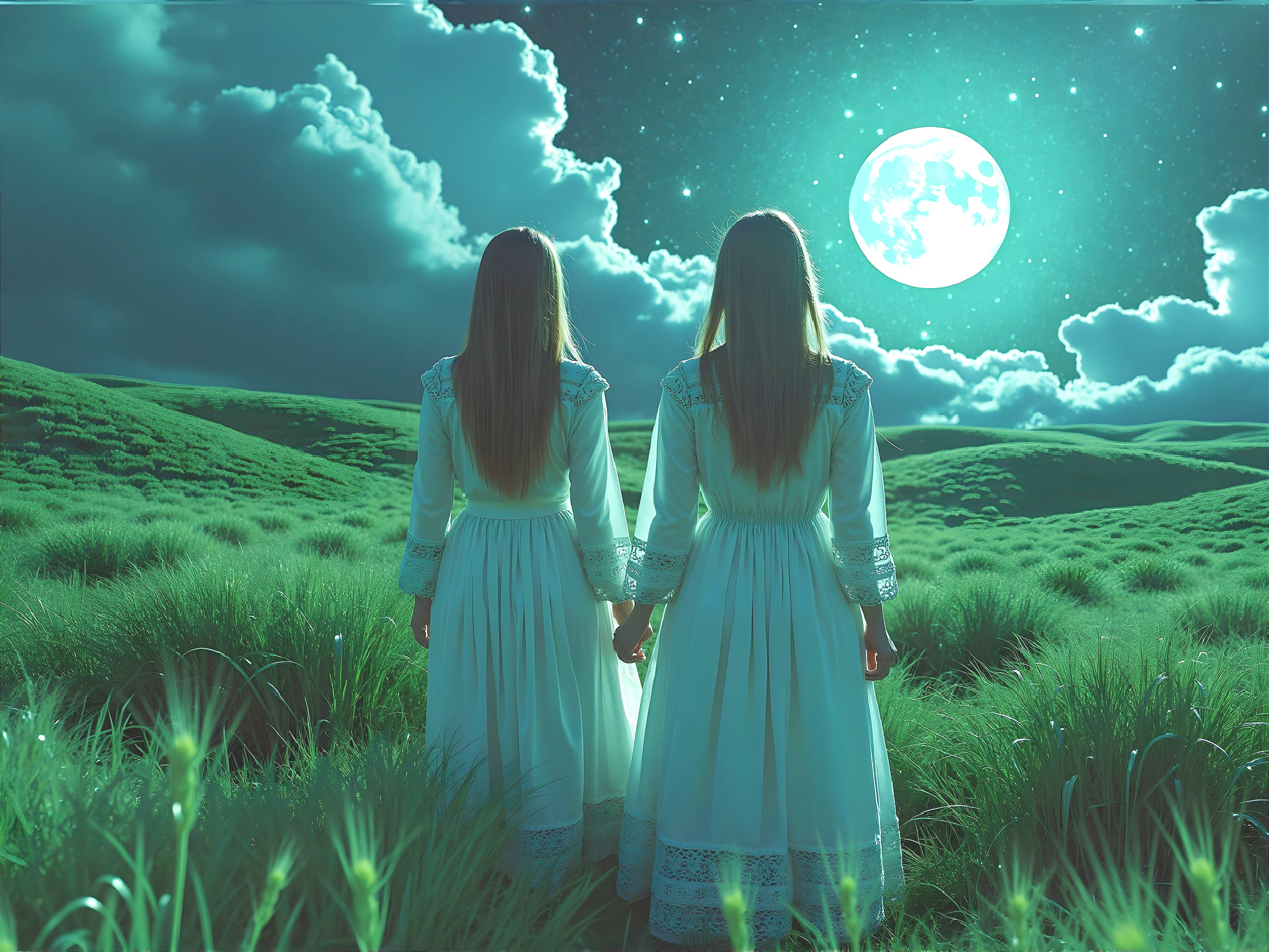 Figures in White Dresses Under a Glowing Moon