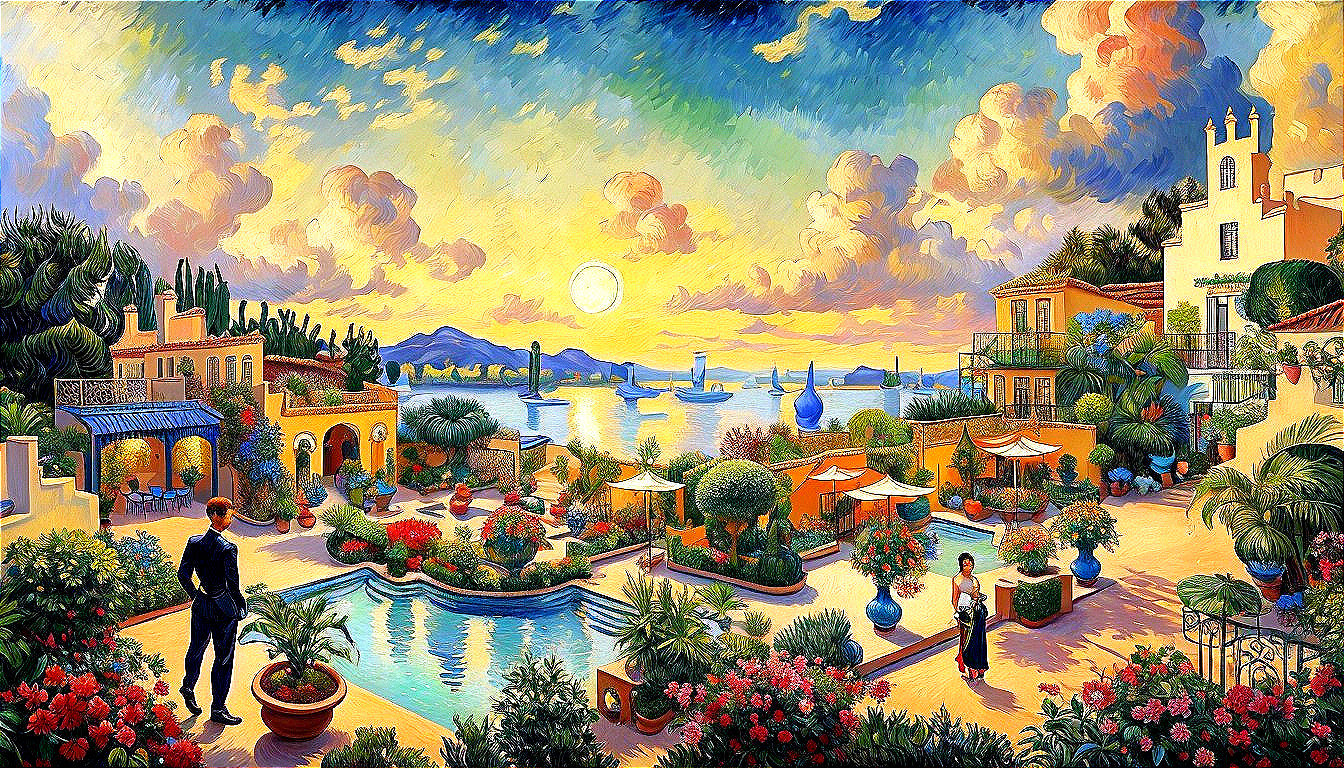 Vibrant Sunset Over Coastal Village with Gardens and Pool