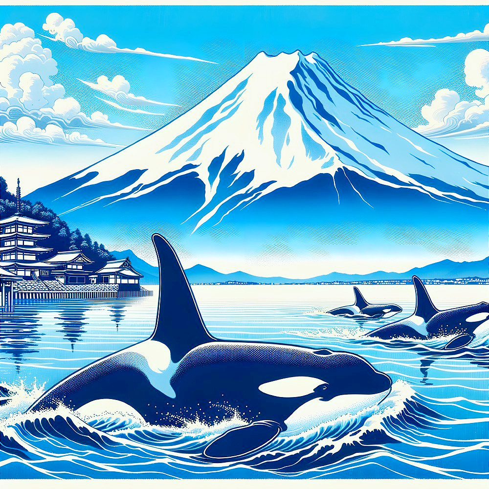 Mountain and Orcas in a Tranquil Blue Landscape
