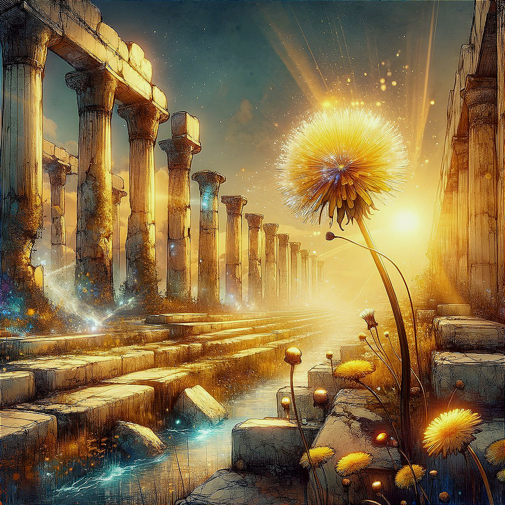 Mystical Landscape with Ancient Stone Ruins and Waterway