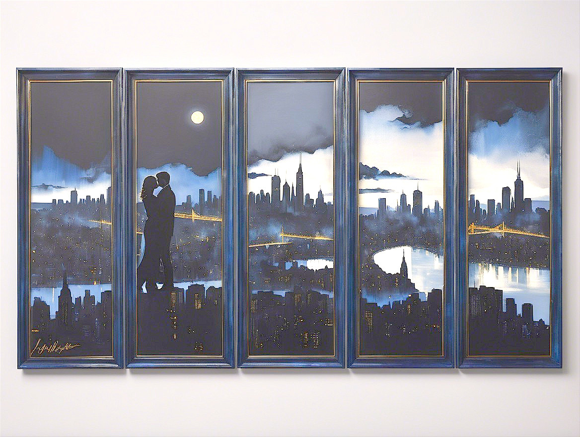 Romantic City Skyline Artwork in Five Panels