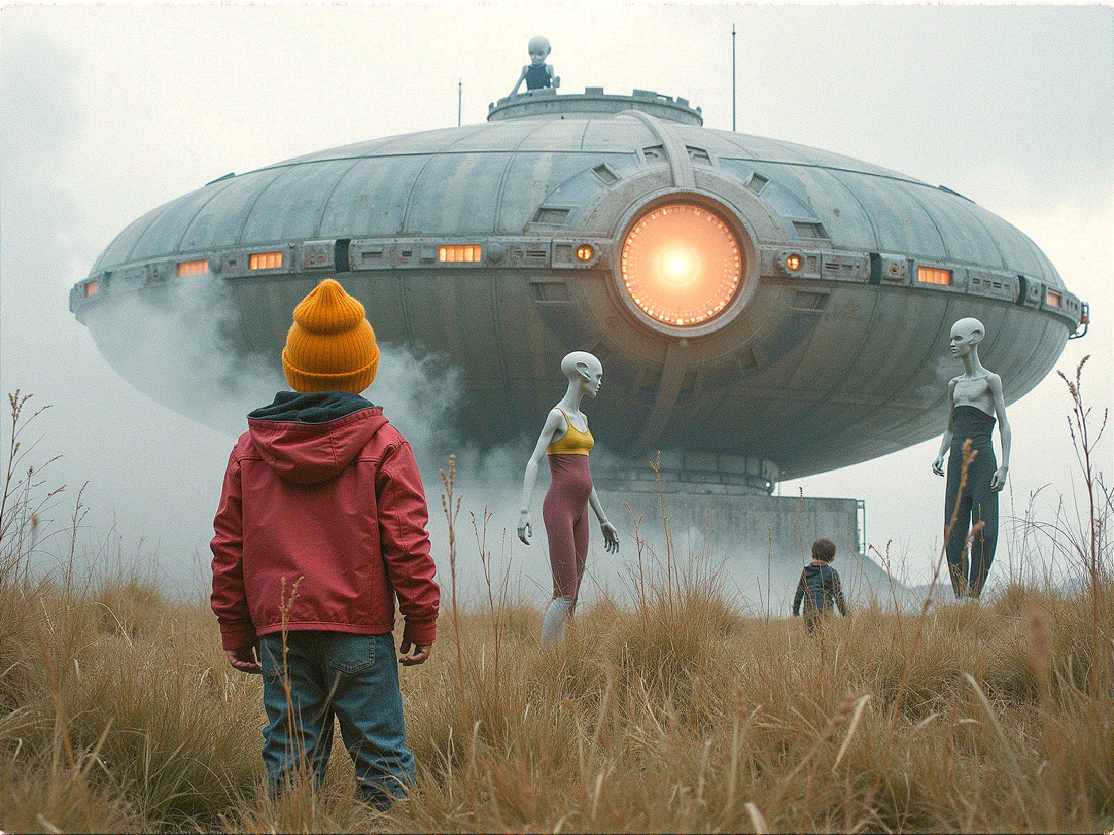 Saucer-Shaped Spaceship Overlooks Children in Misty Field
