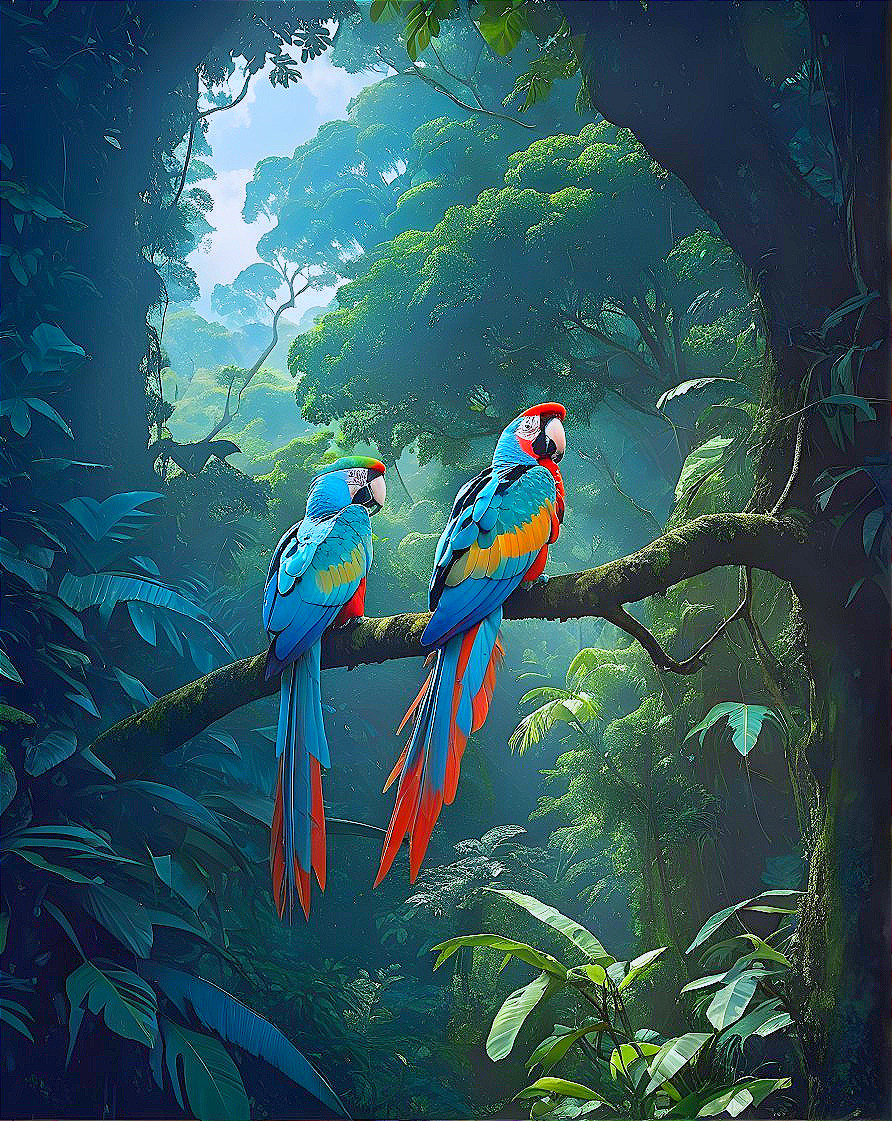 Vibrant Macaws Perched in a Lush Rainforest Setting