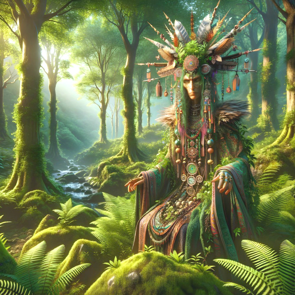 Ethereal figure in nature-inspired attire in forest