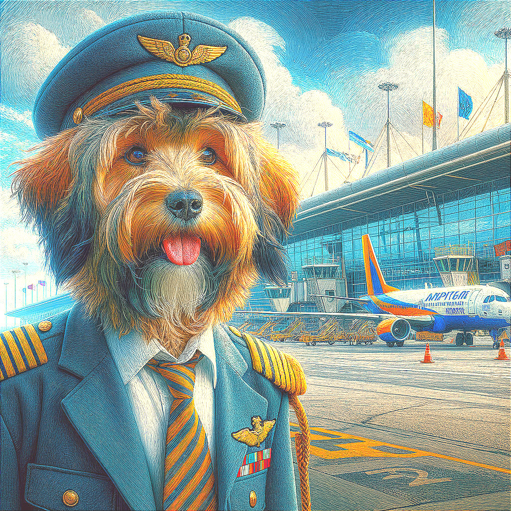 Playful Dog in Pilot Uniform at Airport Terminal