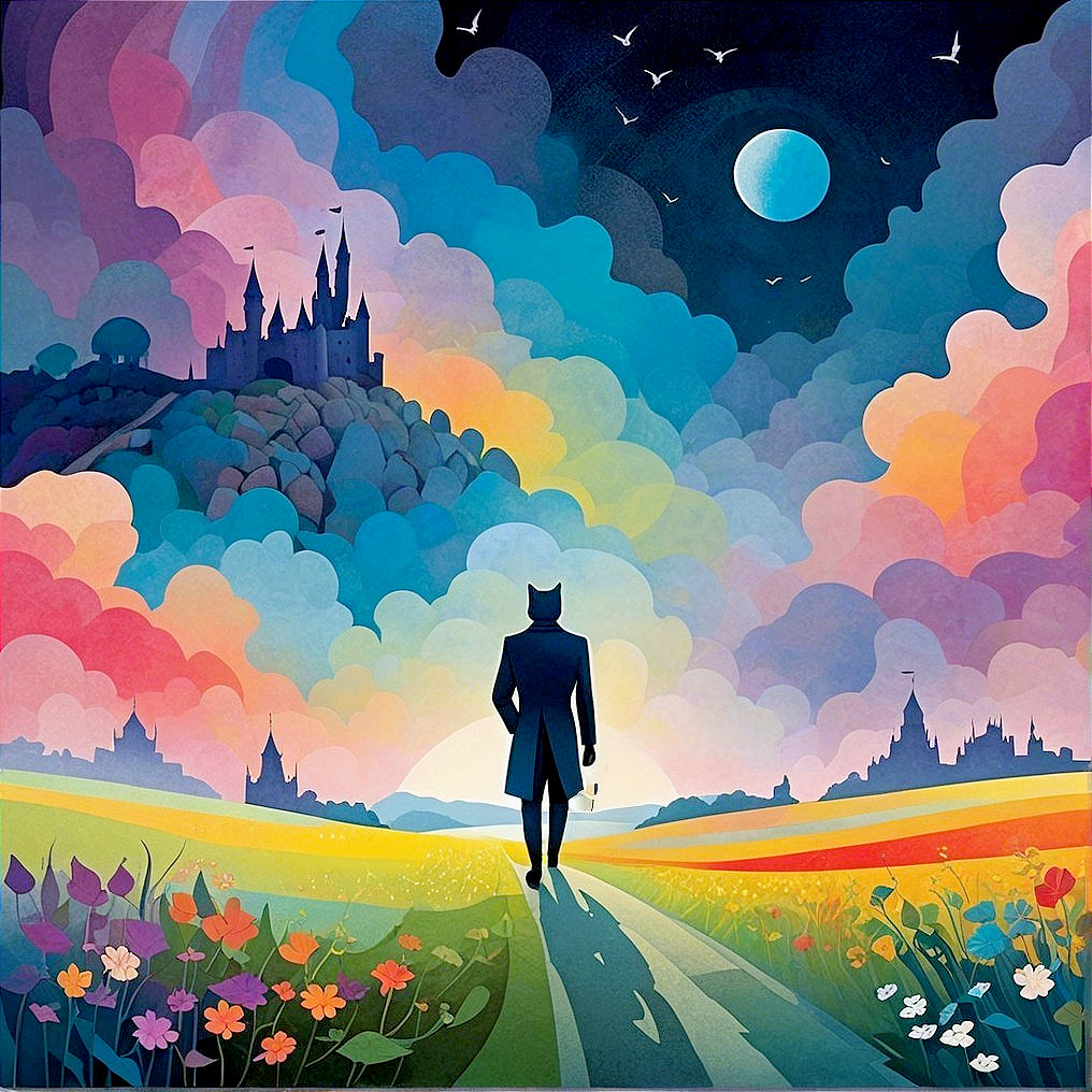 Figure in Long Coat Walking Through Colorful Landscape