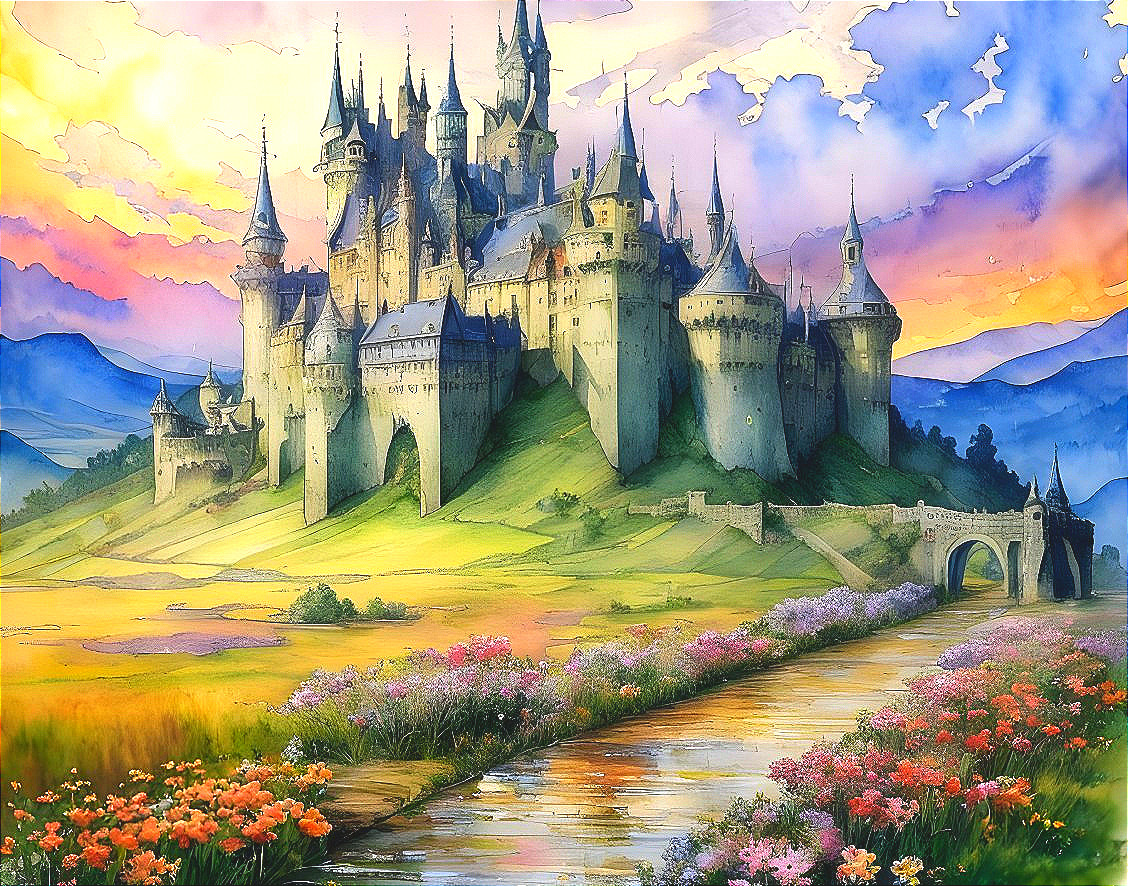 Majestic Fantasy Castle on Lush Green Hill Landscape