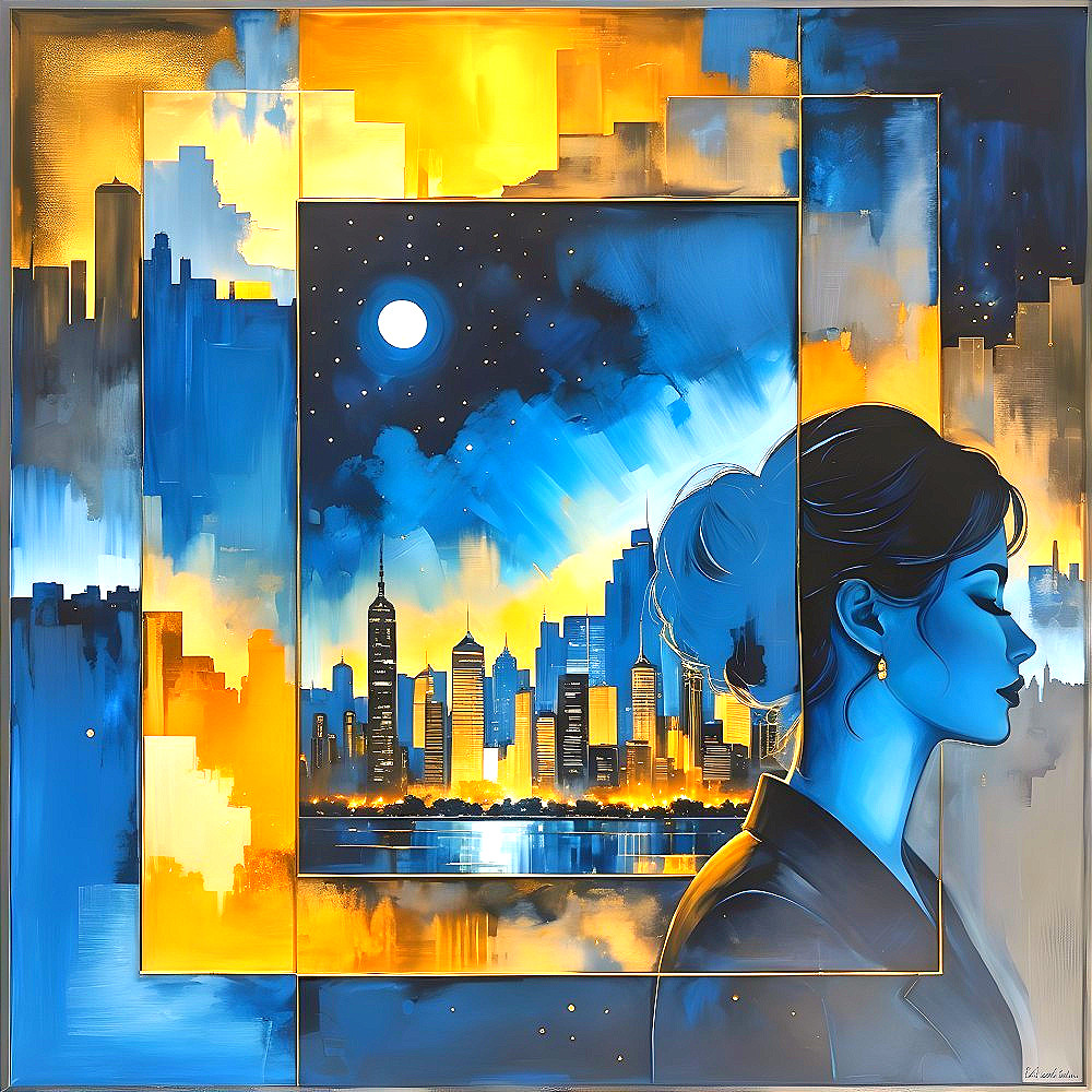 Silhouette of a Woman Against Night City Skyline