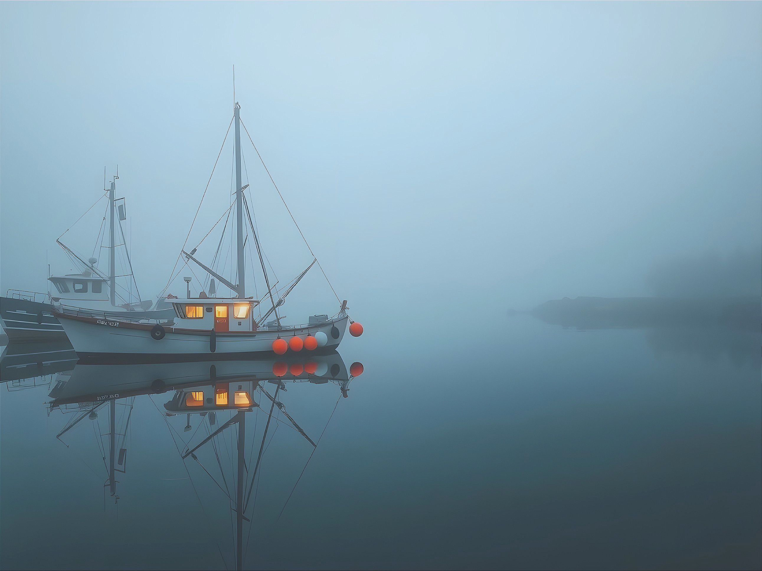 Foggy Harbor Scene with Fishing Boat and Still Waters