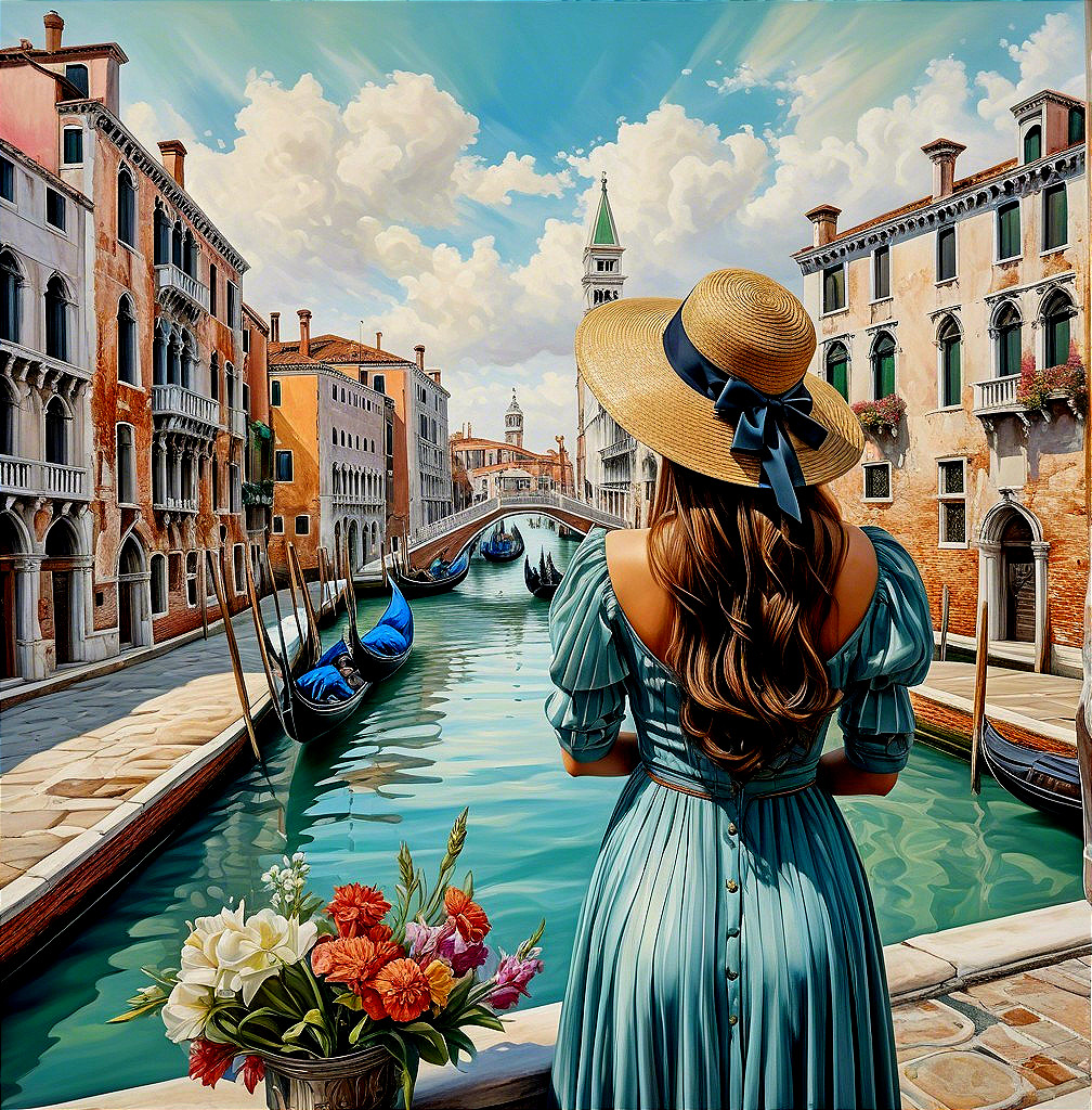 Woman in Blue Dress by Venice Canal with Flowers