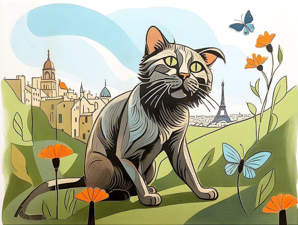 Gray Cat in Vibrant Parisian Landscape Illustration