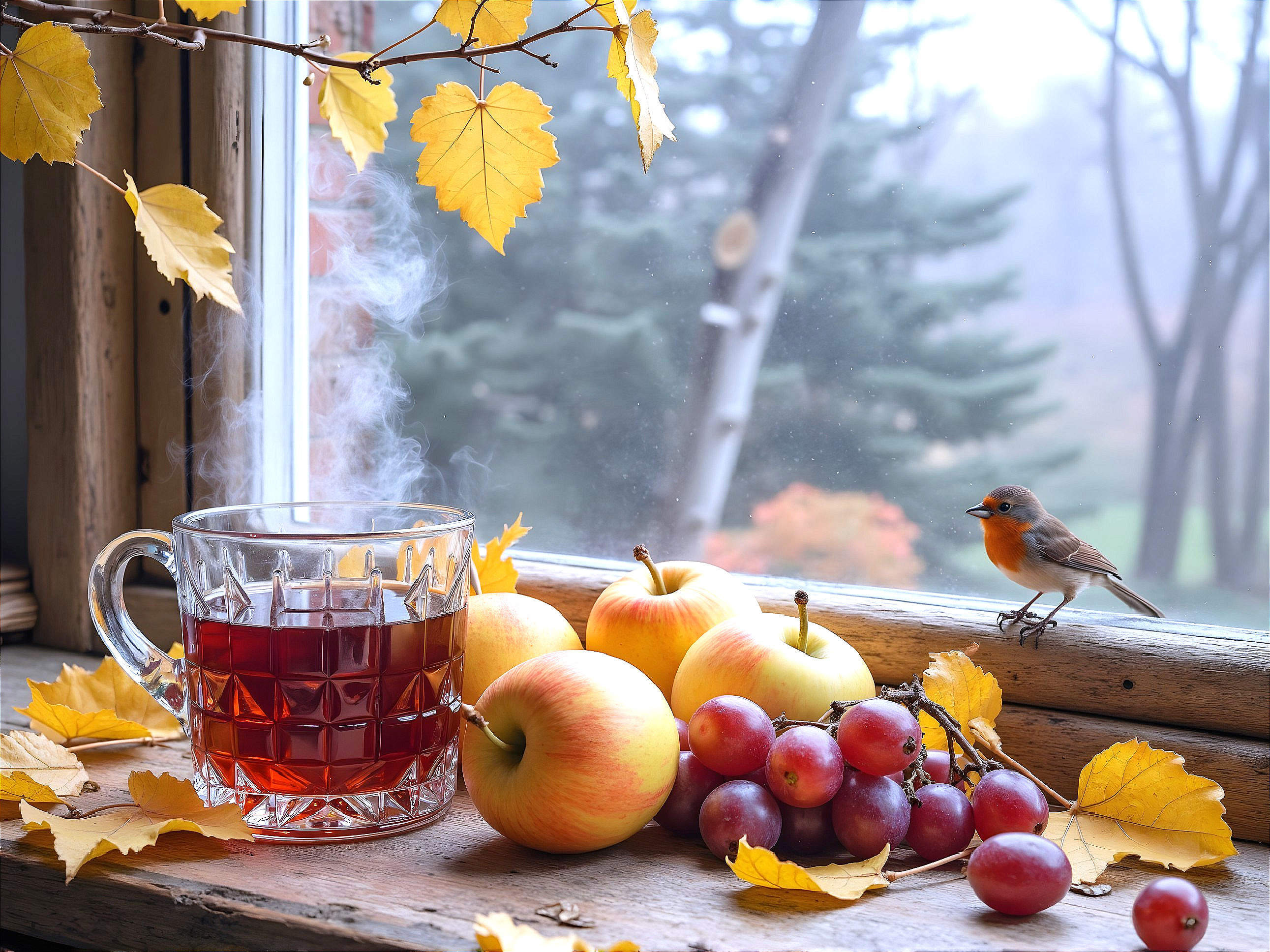 Cozy Autumn Scene with Tea and Fresh Fruits