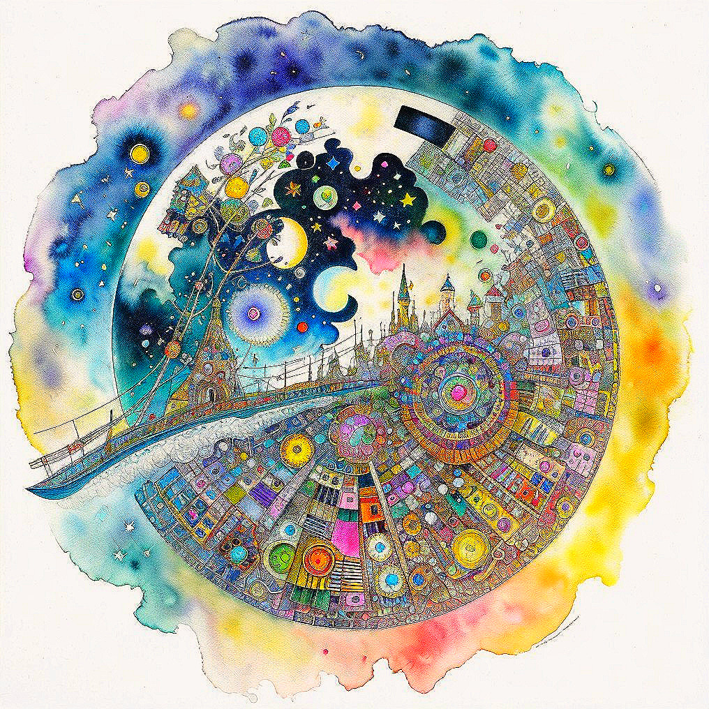 Surreal Crescent Moon World with Vibrant Cityscape