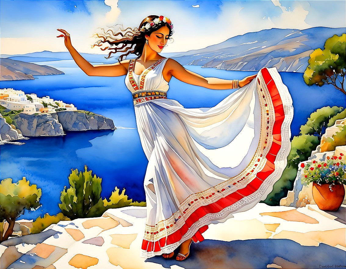 Woman in White Dress Dances by Mediterranean Coastline
