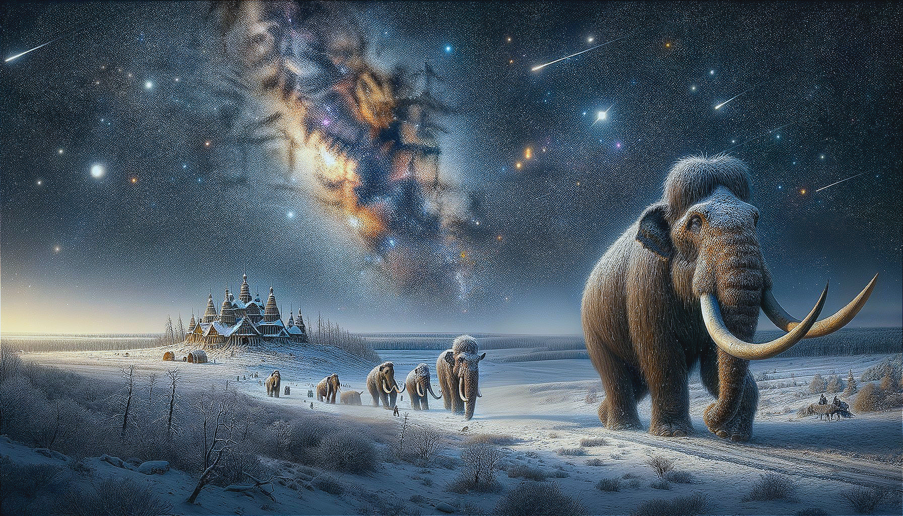 Woolly Mammoths in a Winter Landscape Under Stars