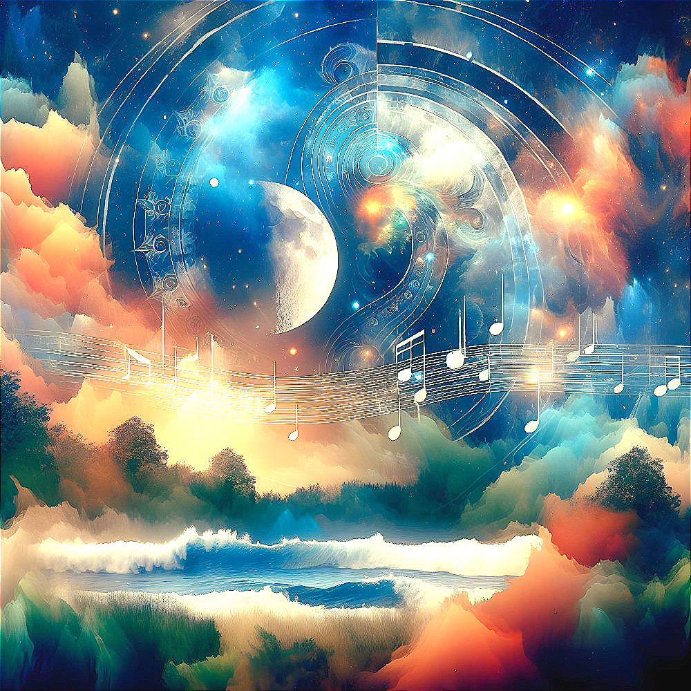 Vibrant Cosmic Landscape with Musical Elements