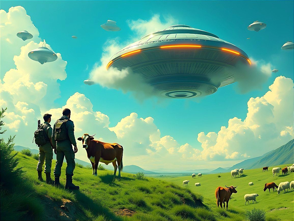 Futuristic Figures and UFO in a Vibrant Landscape