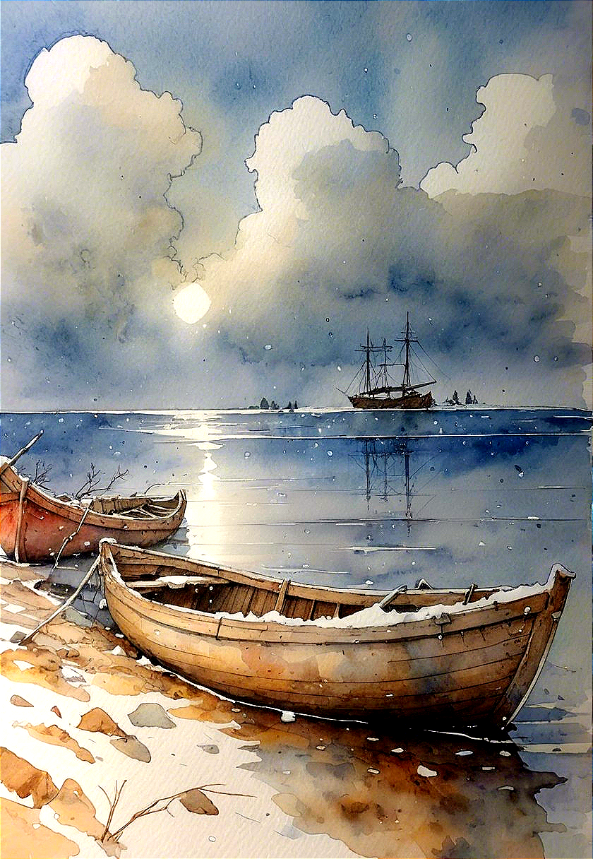 Coastal Scene with Boats and Snowy Shoreline