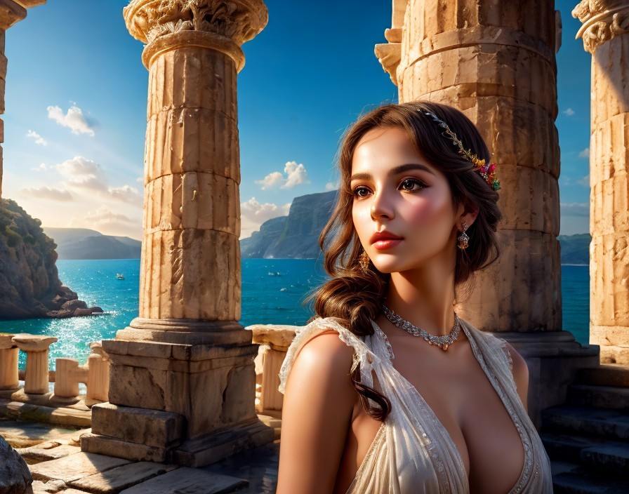 Historical Grecian setting with elegant woman and sunset seascape