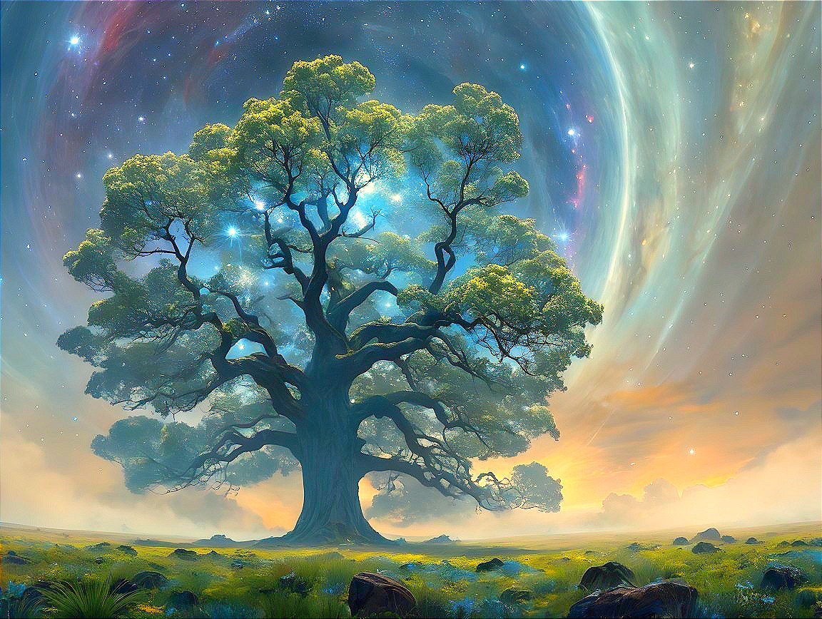 Majestic Tree Against Vibrant Cosmic Backdrop