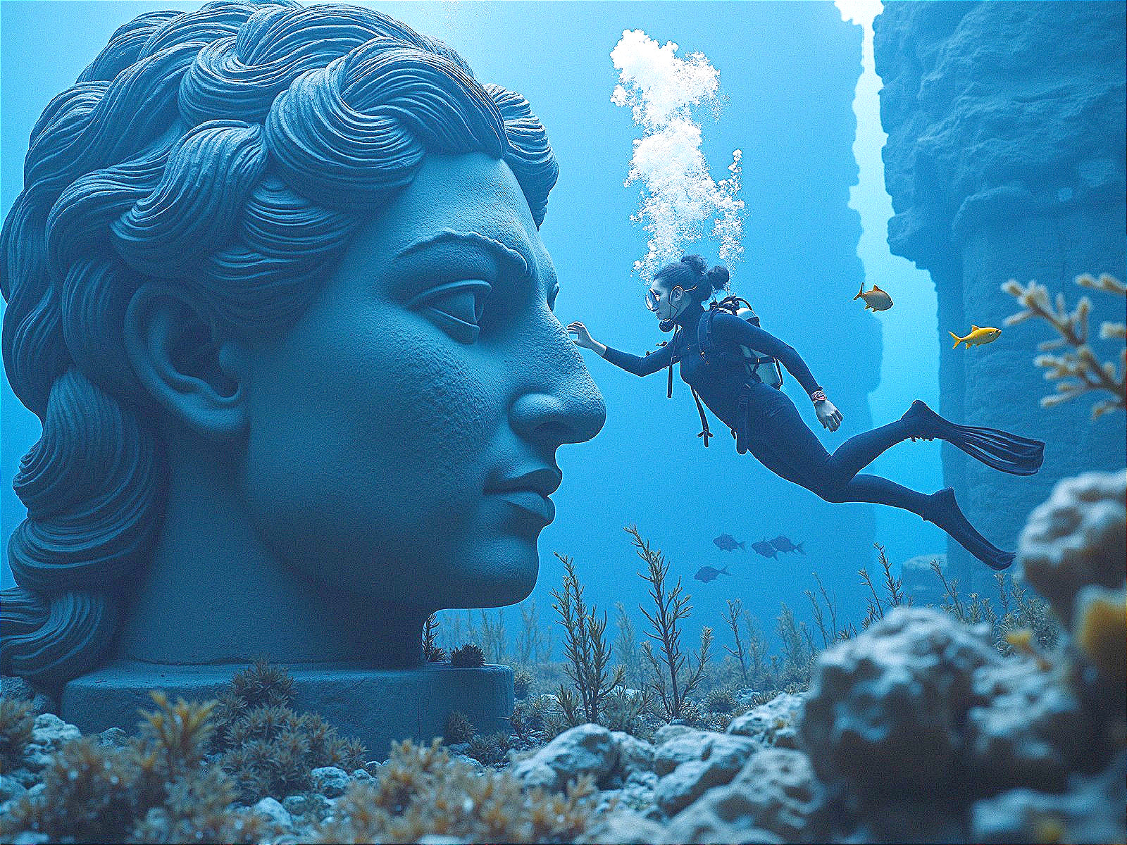 Underwater Exploration of a Carved Statue and Marine Life