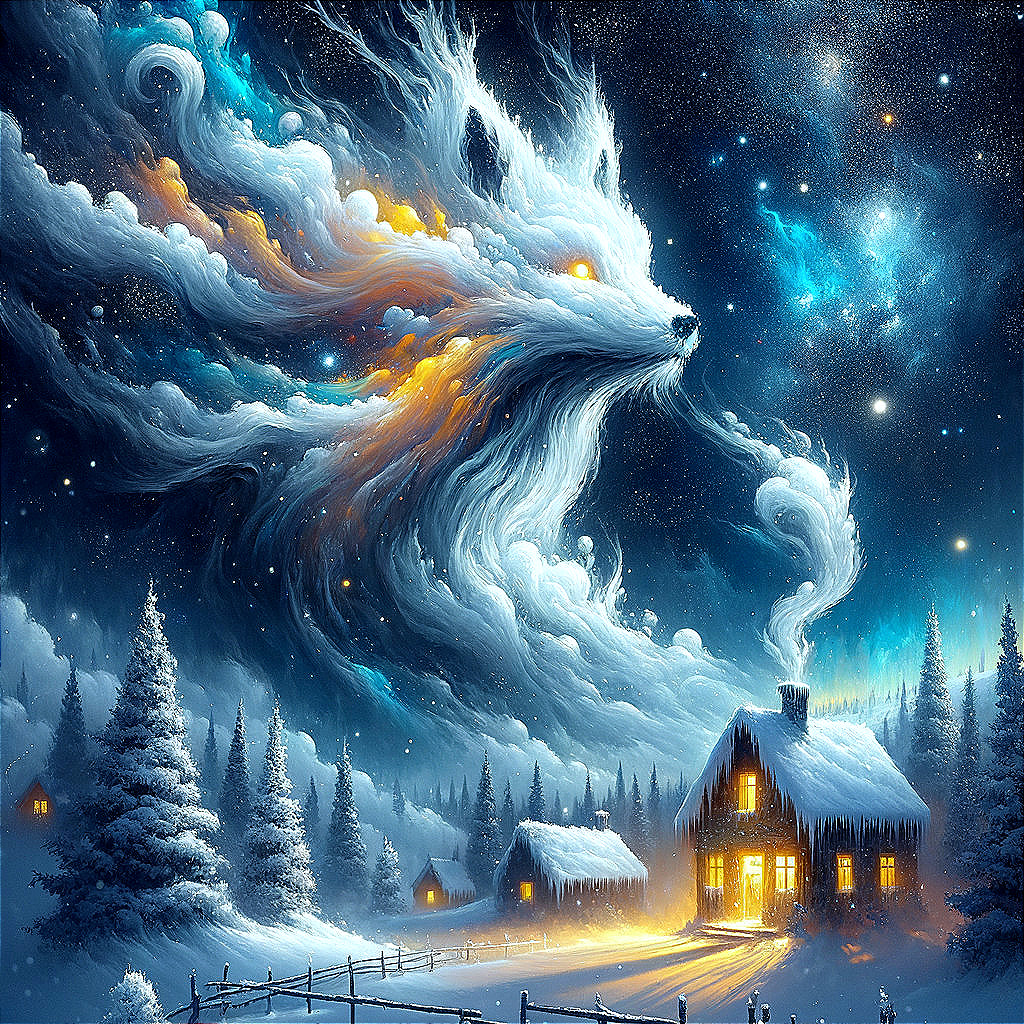Whimsical Winter Night with Ethereal Cloud Creature