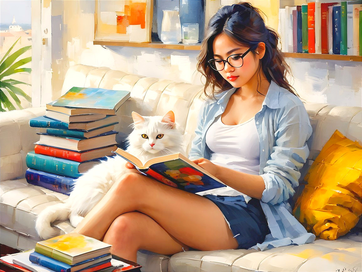 Young woman reading on couch with fluffy cat and books