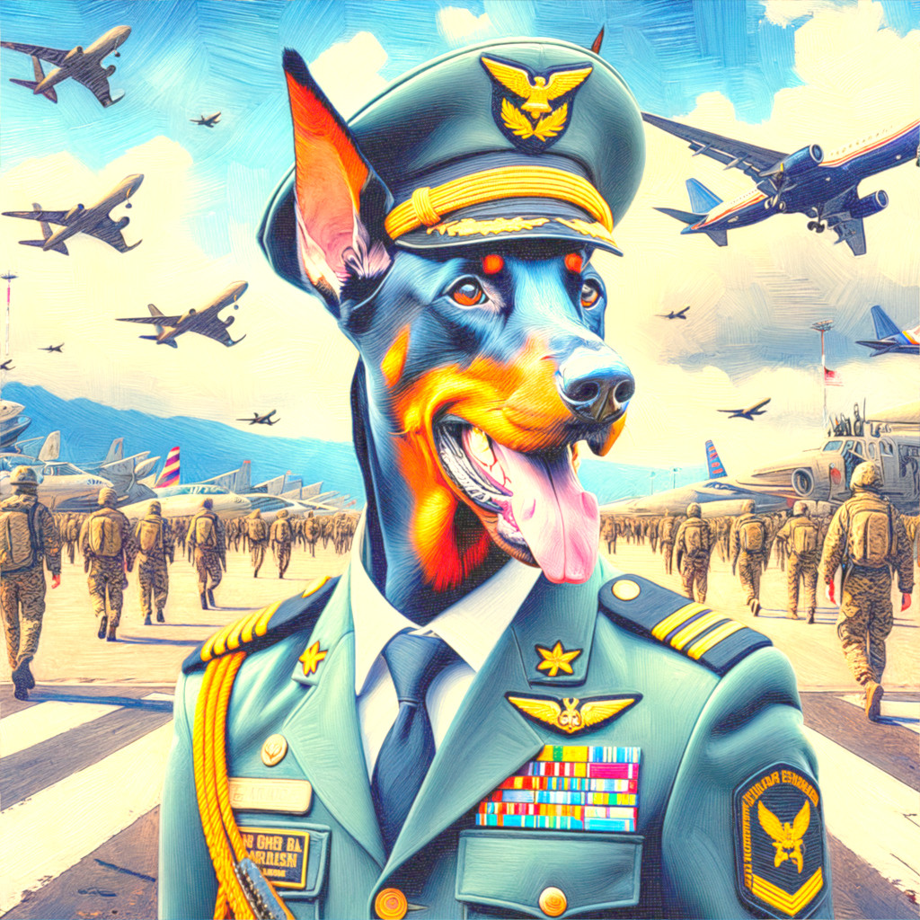 Doberman in Military Uniform at Busy Airstrip Scene