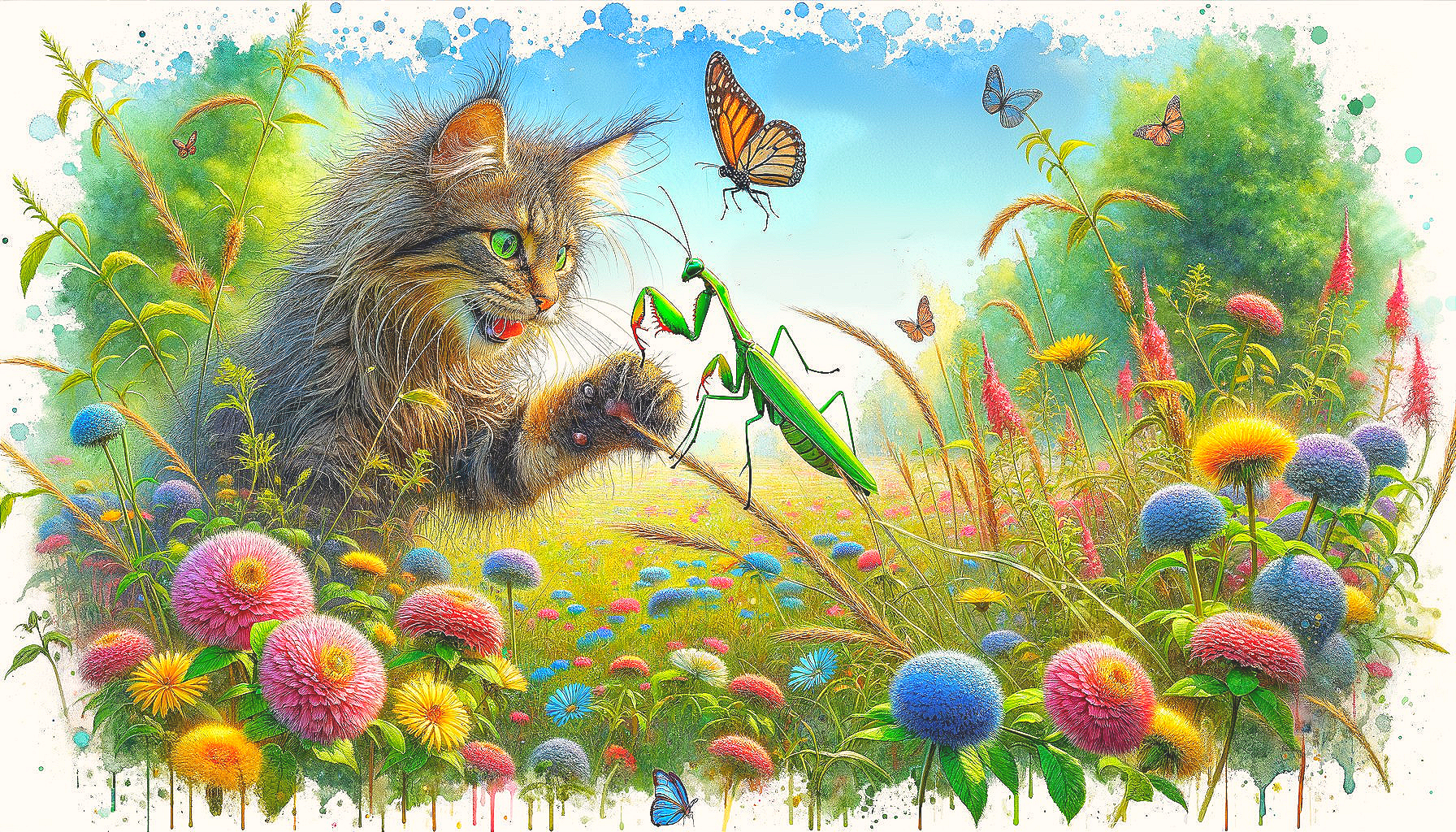 Fluffy Cat and Colorful Praying Mantis in Meadow
