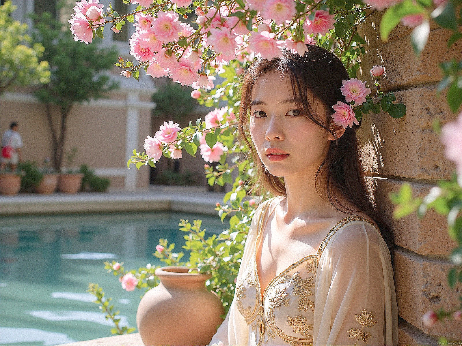 Young Woman by Tranquil Pool with Pink Flowers