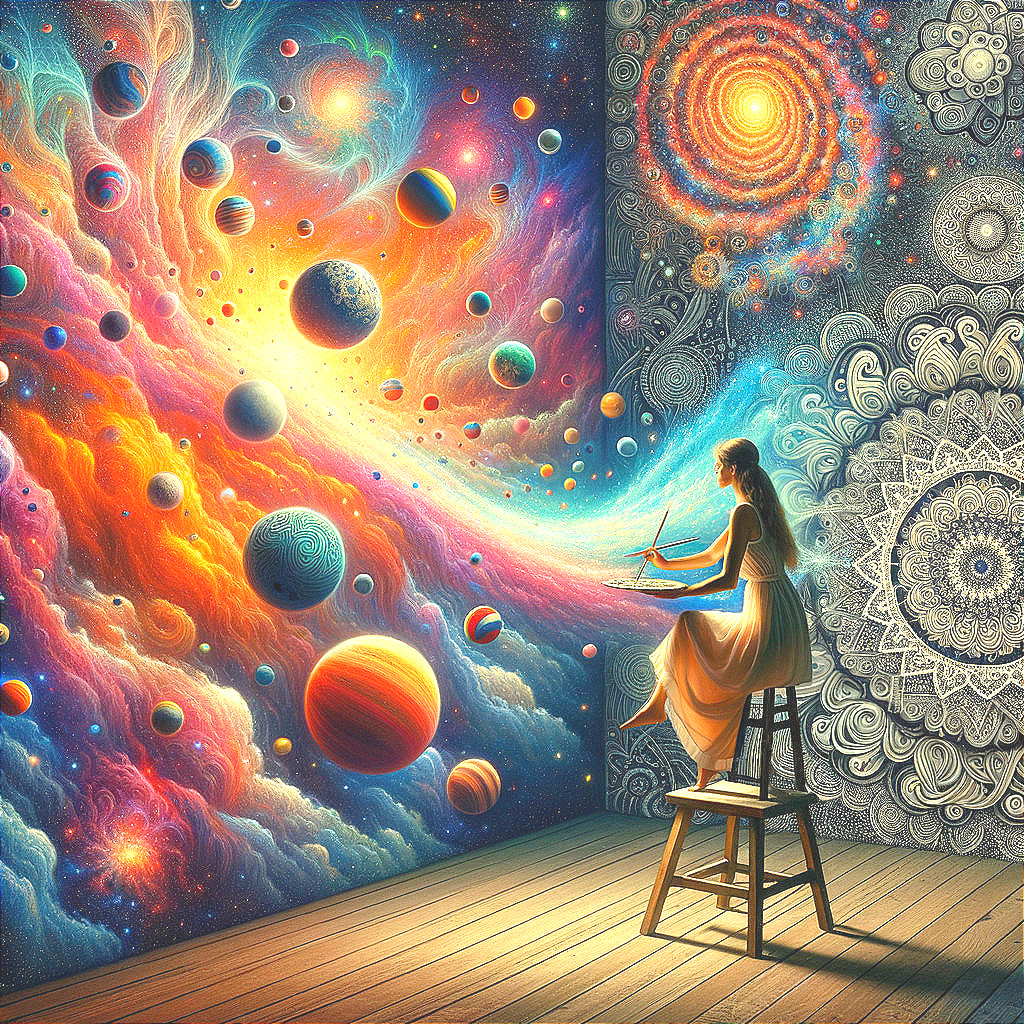 Serene Artist Painting Vibrant Cosmic Scene on Wall