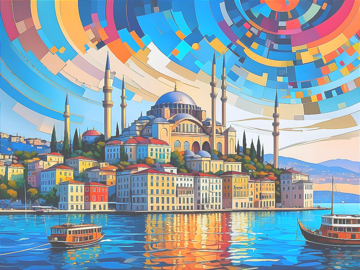 Colorful Cityscape with Grand Mosque and Waterfront