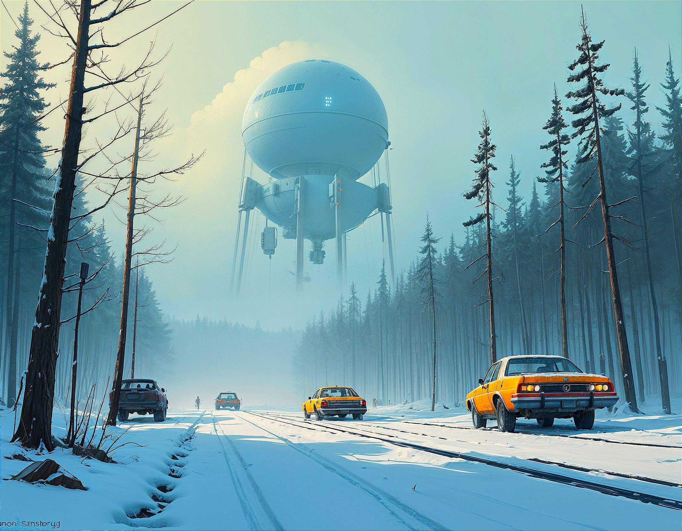 Vintage Cars in Snowy Forest with Futuristic Airship