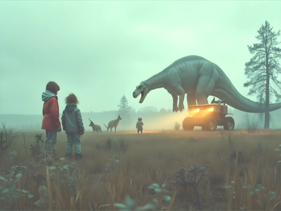 Surreal Landscape with Children and Hovering Dinosaur