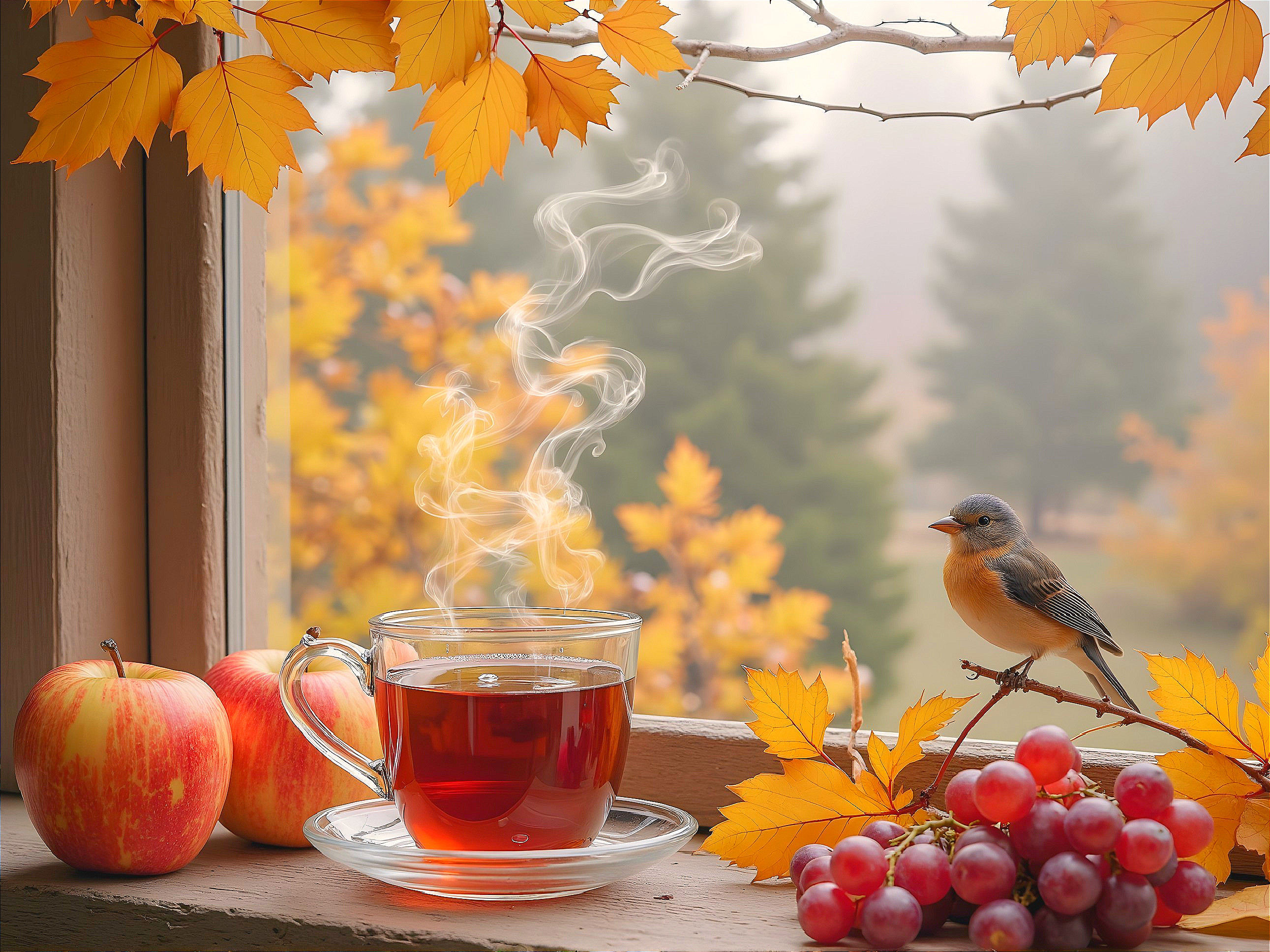 Cozy Autumn Window Scene with Tea and Fruits