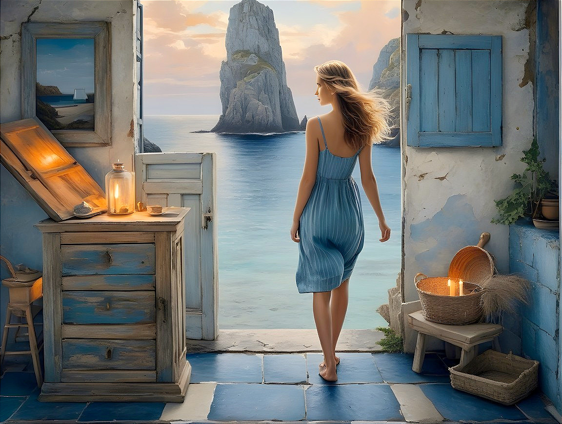 Serene Coastal Scene with Woman in Blue Dress