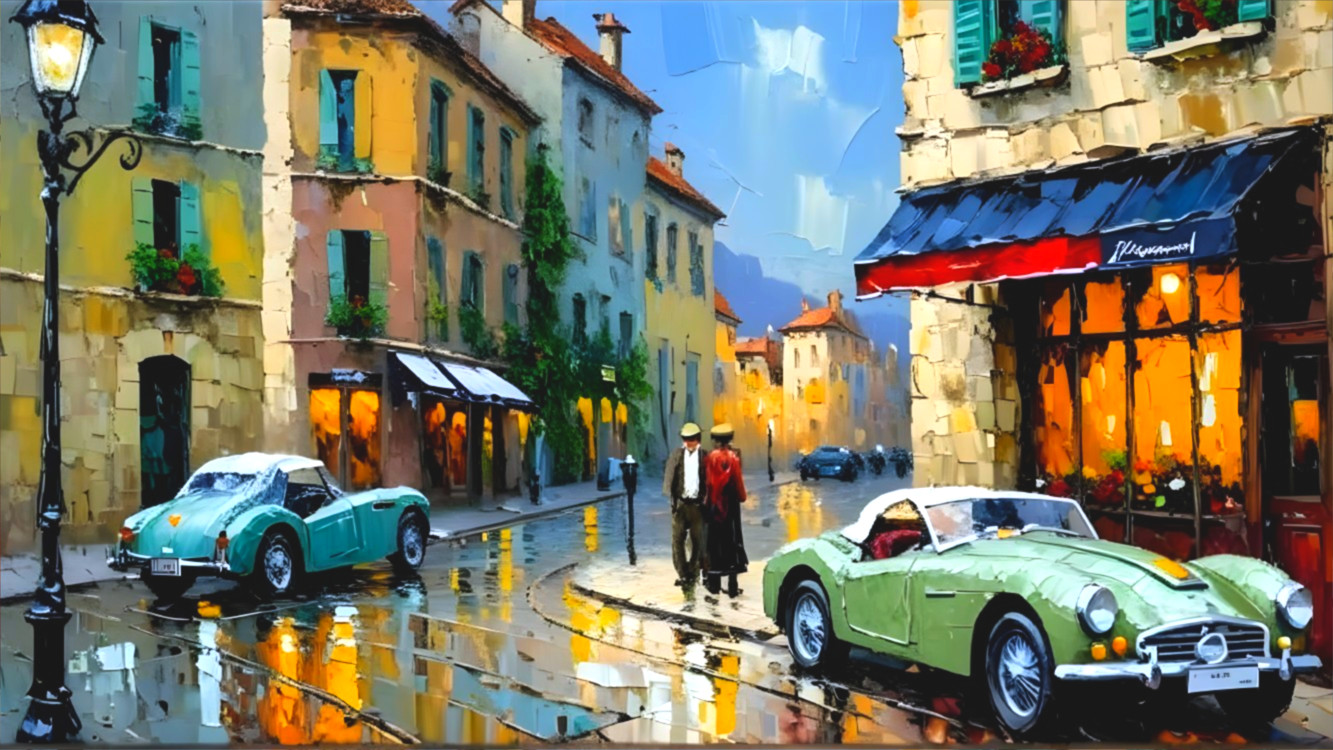 Vintage Green Cars in Charming European Street Scene