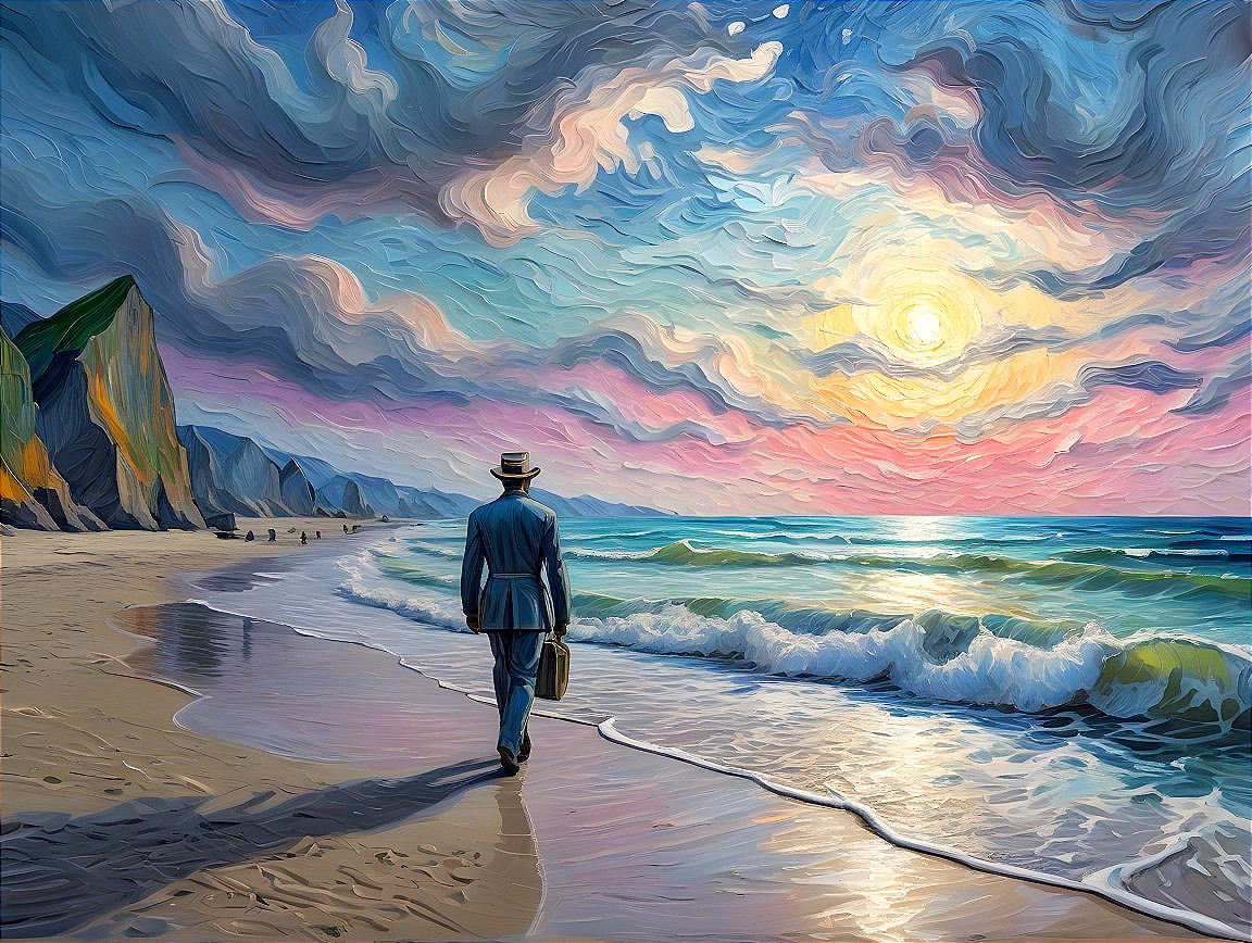 Man in Suit Walking on Beach with Briefcase