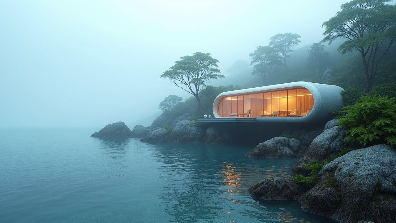 Modern Curved House by Tranquil Water and Greenery