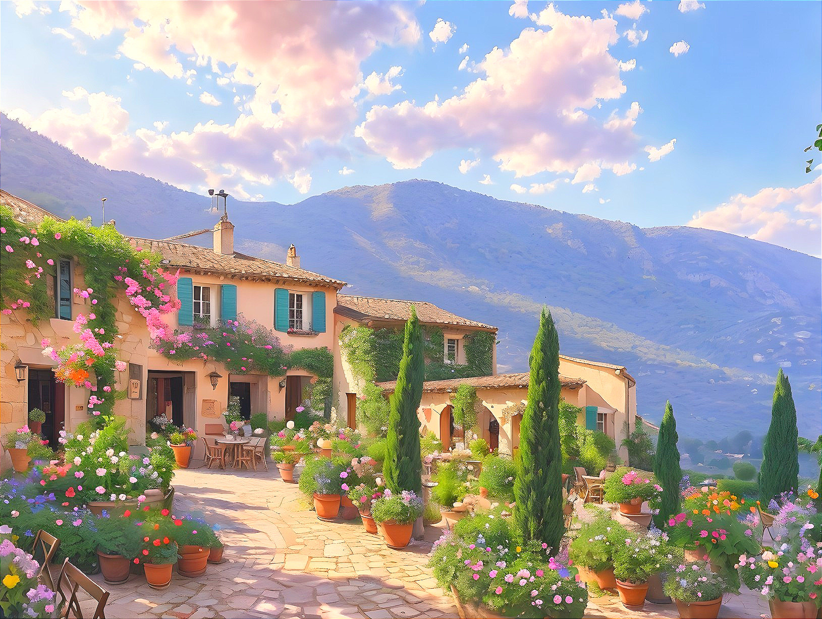 Italian Villa with Gardens and Mountain Backdrop