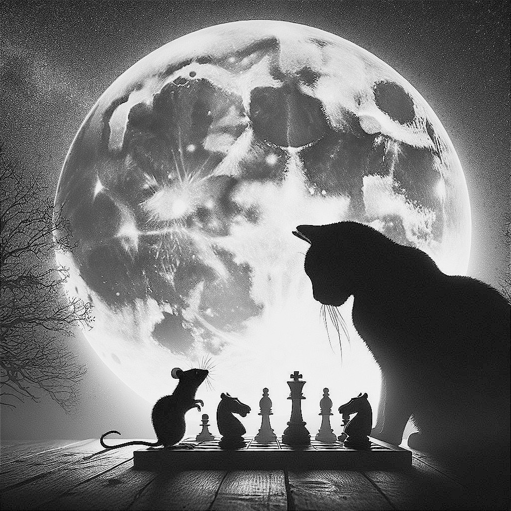 Dramatic Black and White Scene with Cat and Chessboard