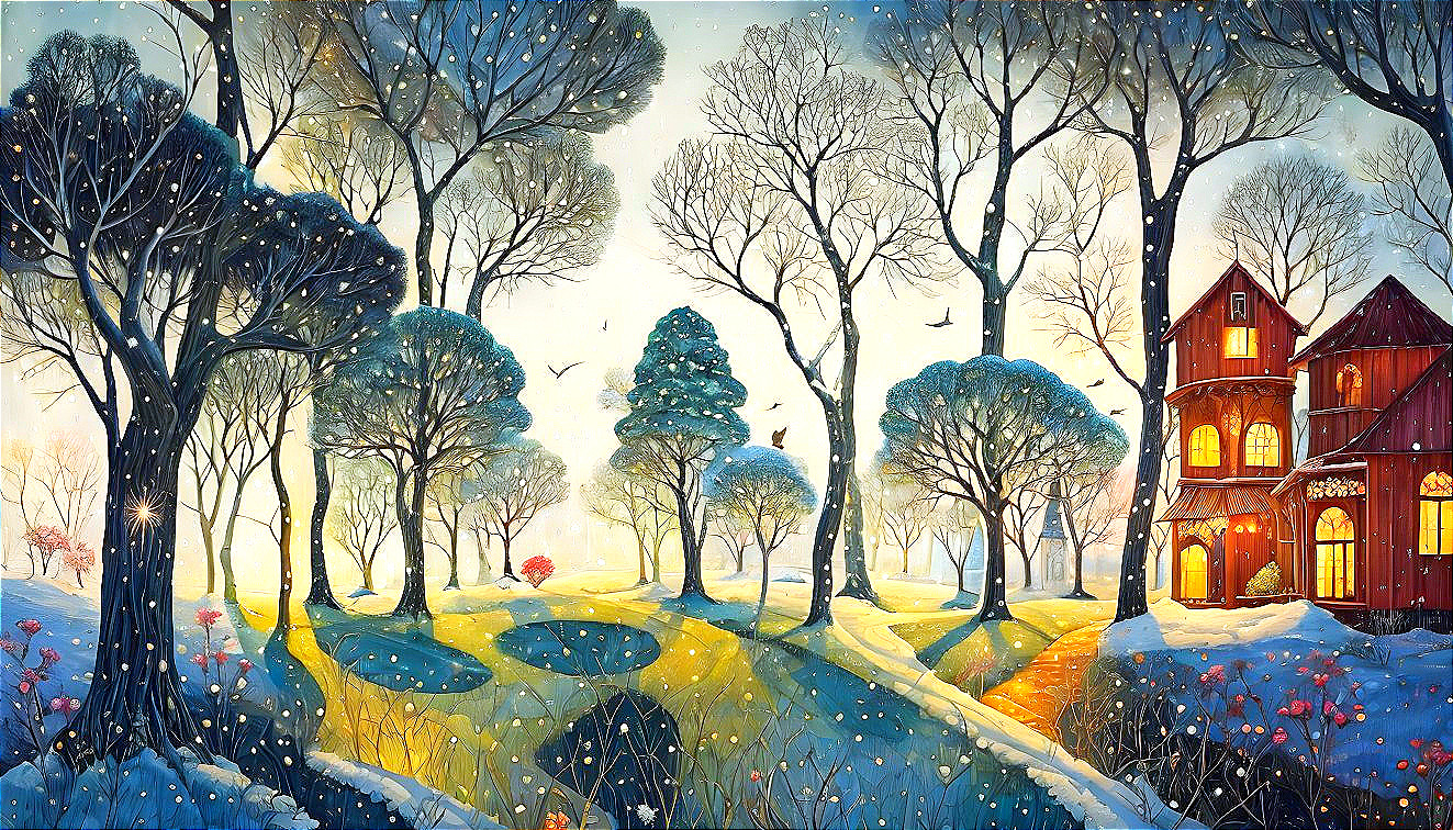 Winter Landscape with Cozy House and Snowy Trees