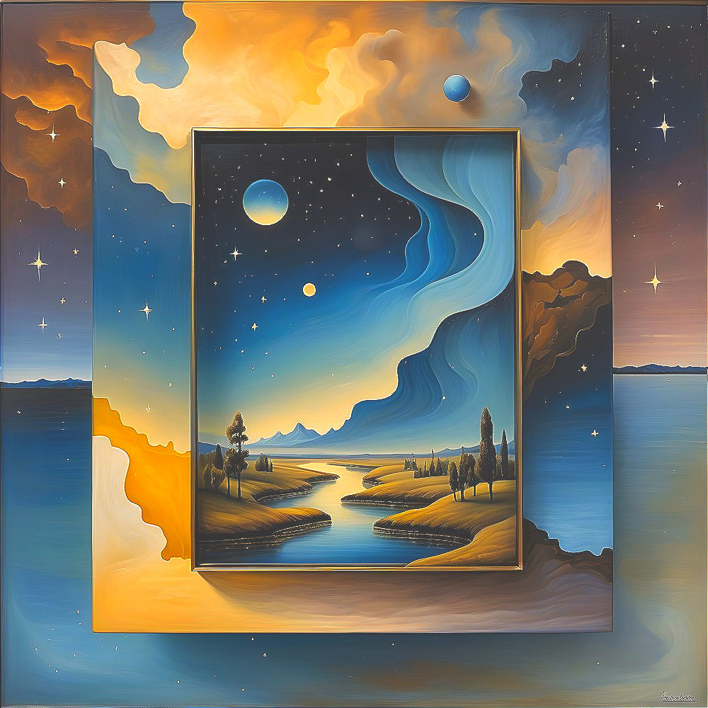 Surreal Landscape with River and Cosmic Sky