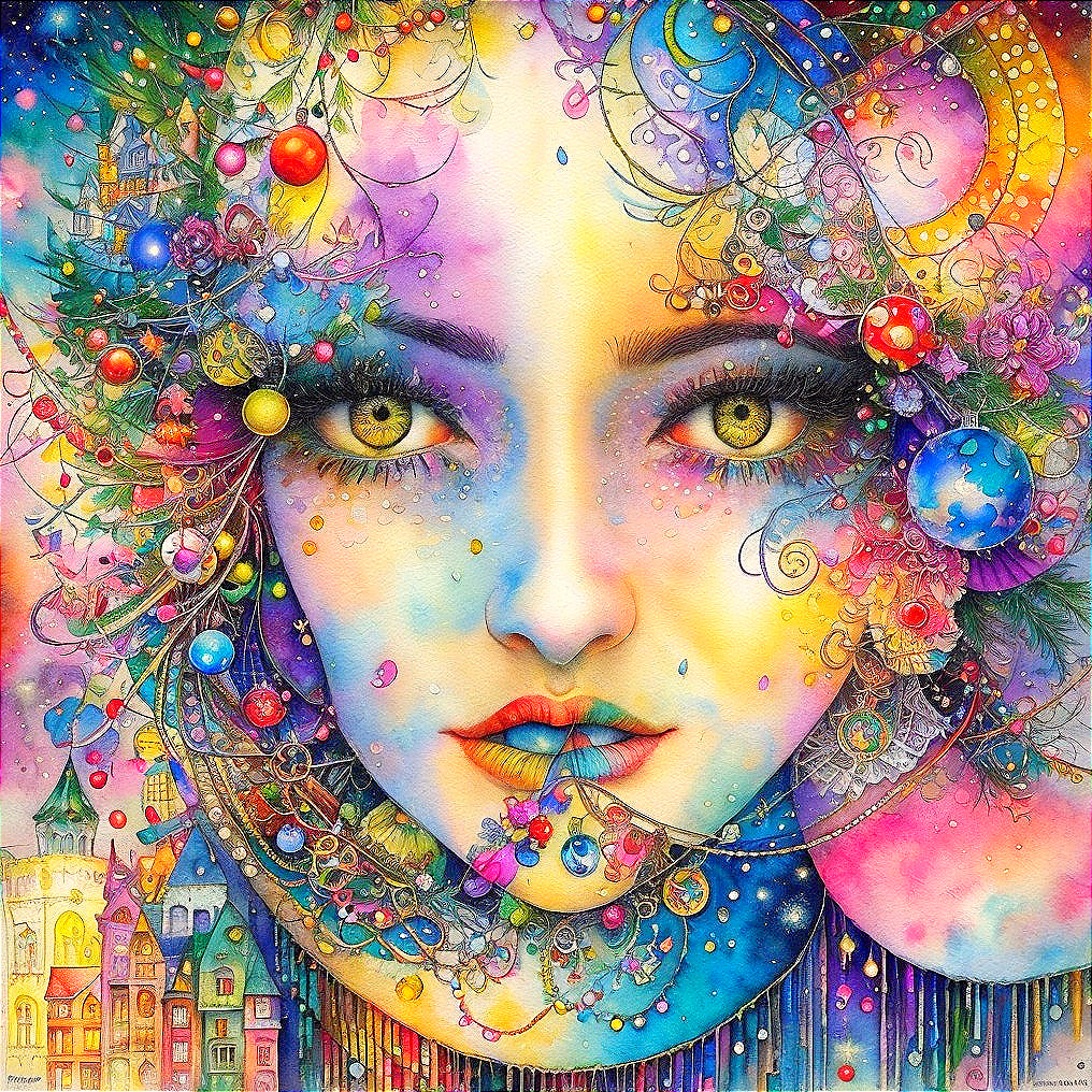 Detailed whimsical female face illustration with vibrant eyes and festive cityscape decorations.