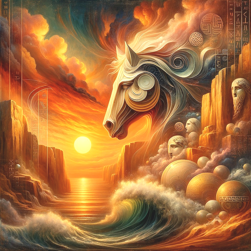 Surreal Landscape with Horse's Head and Vibrant Clouds