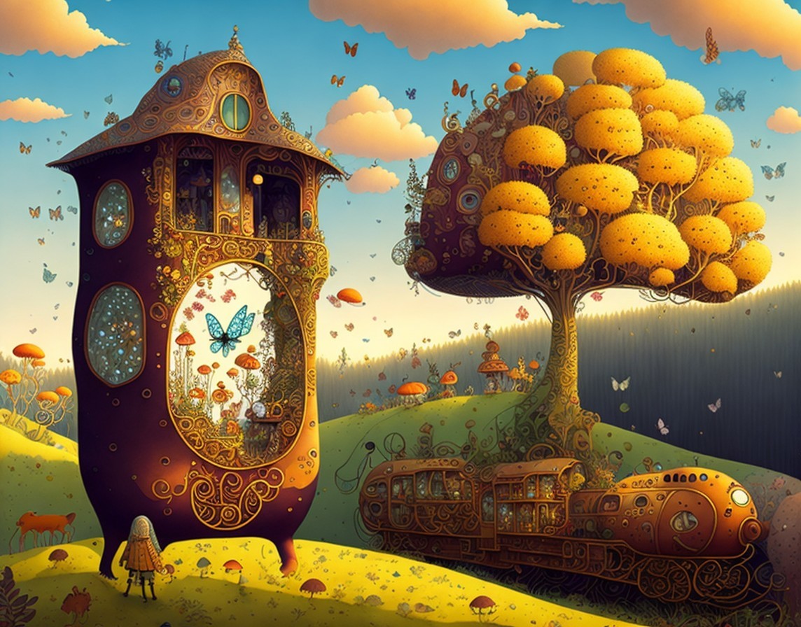 Whimsical Landscape with Ornate House and Train
