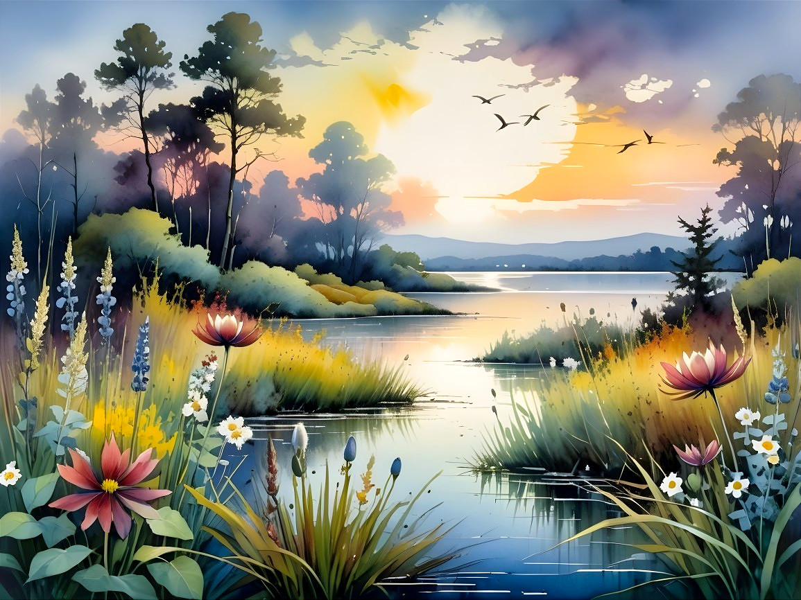 Tranquil Lake Landscape at Dawn with Vibrant Nature