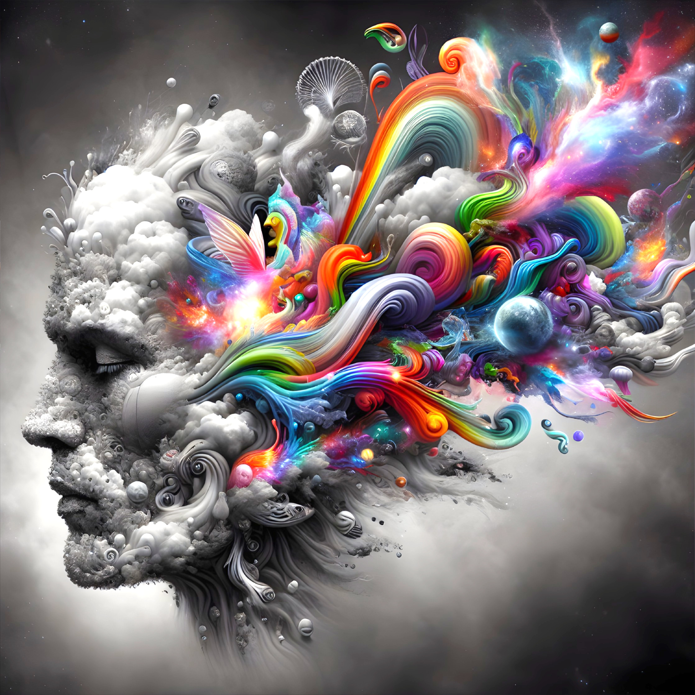 Surreal Human Face Amidst Colorful Abstract Swirls