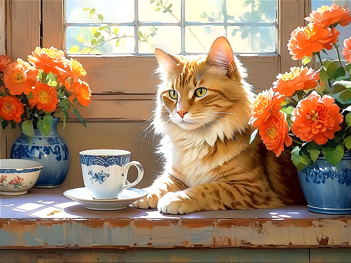 Fluffy Ginger Cat on Windowsill with Flowers and Cup